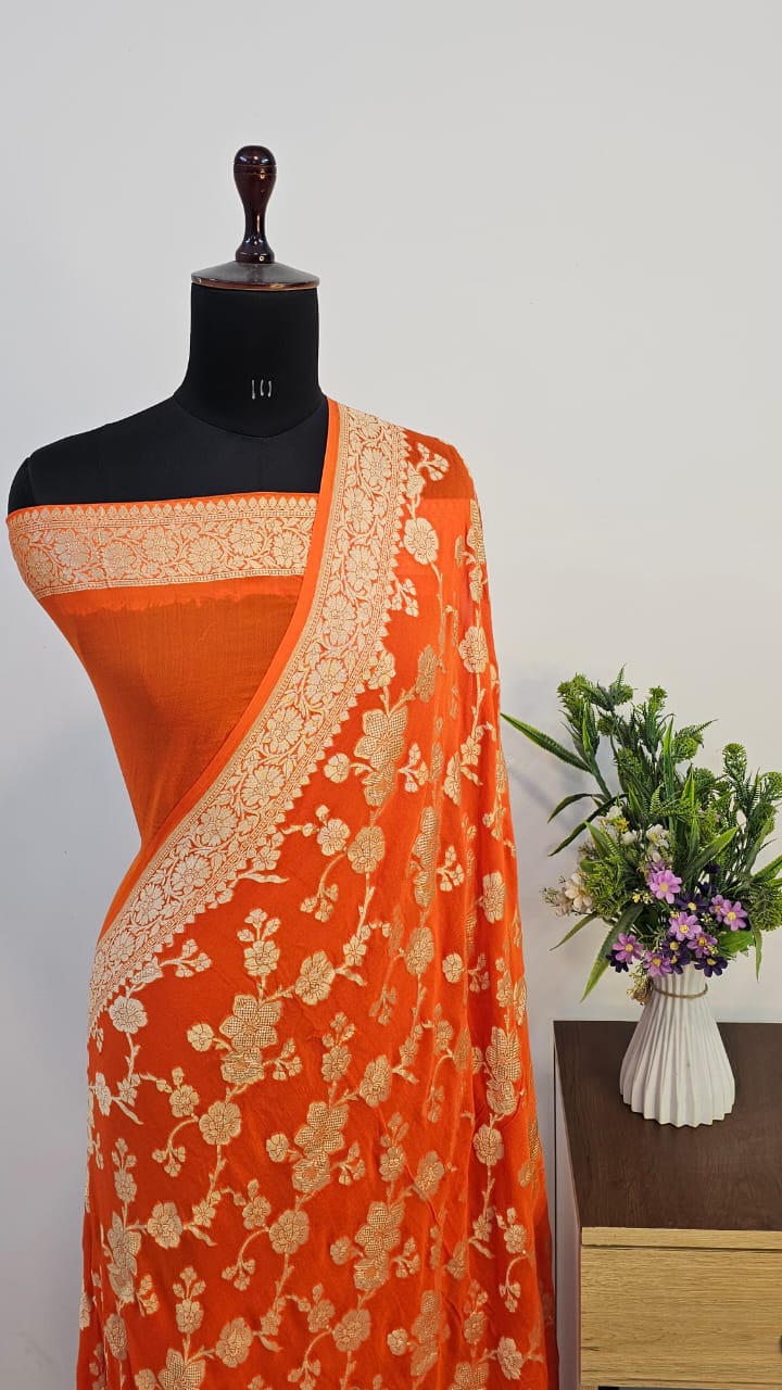Orange Pure Khaddi Georgette Silk Banarasi Saree