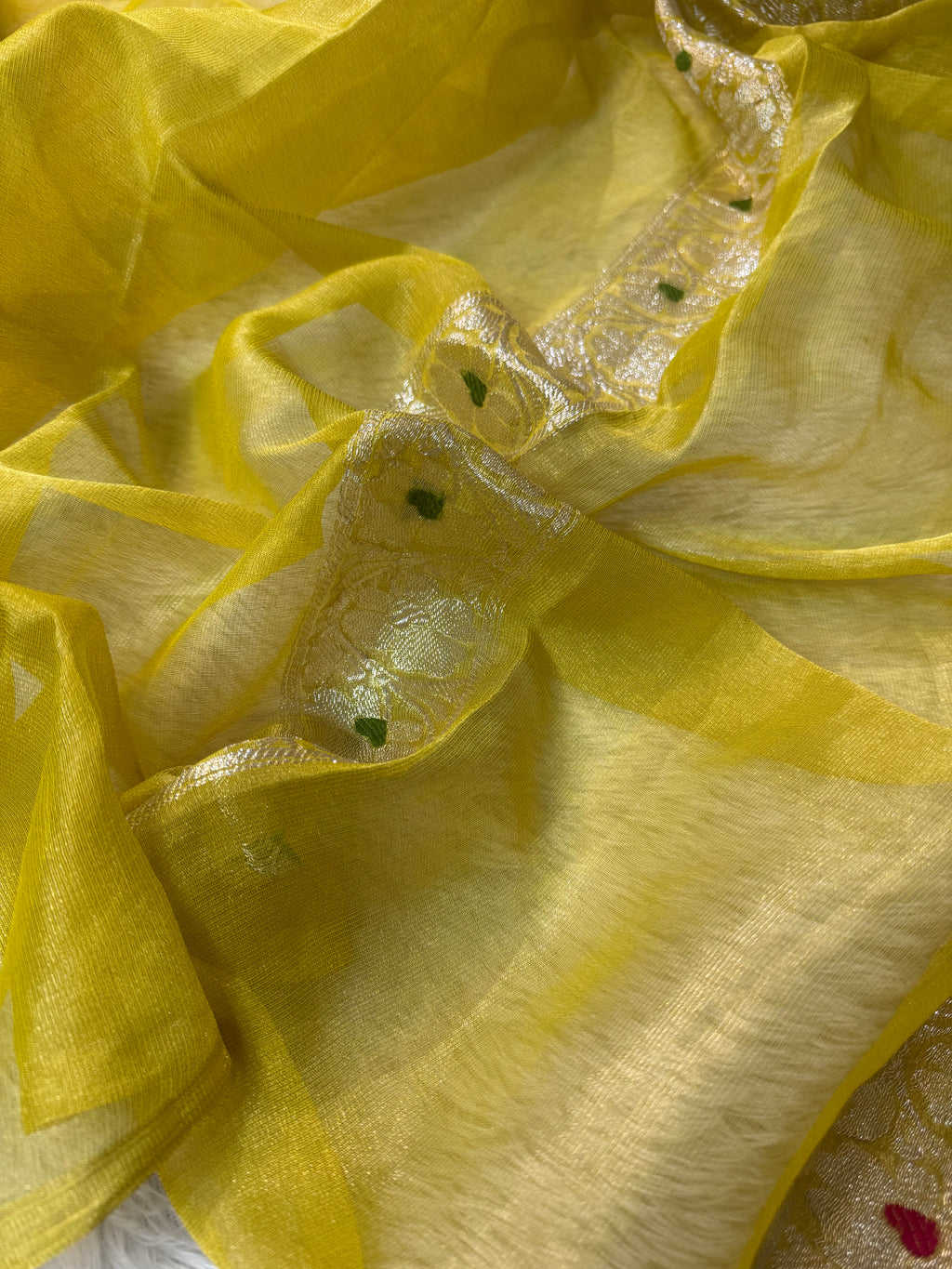 Yellow Pure Khaddi Tissue Chiffon Sona & Roopa Meenakari Banarasi Saree