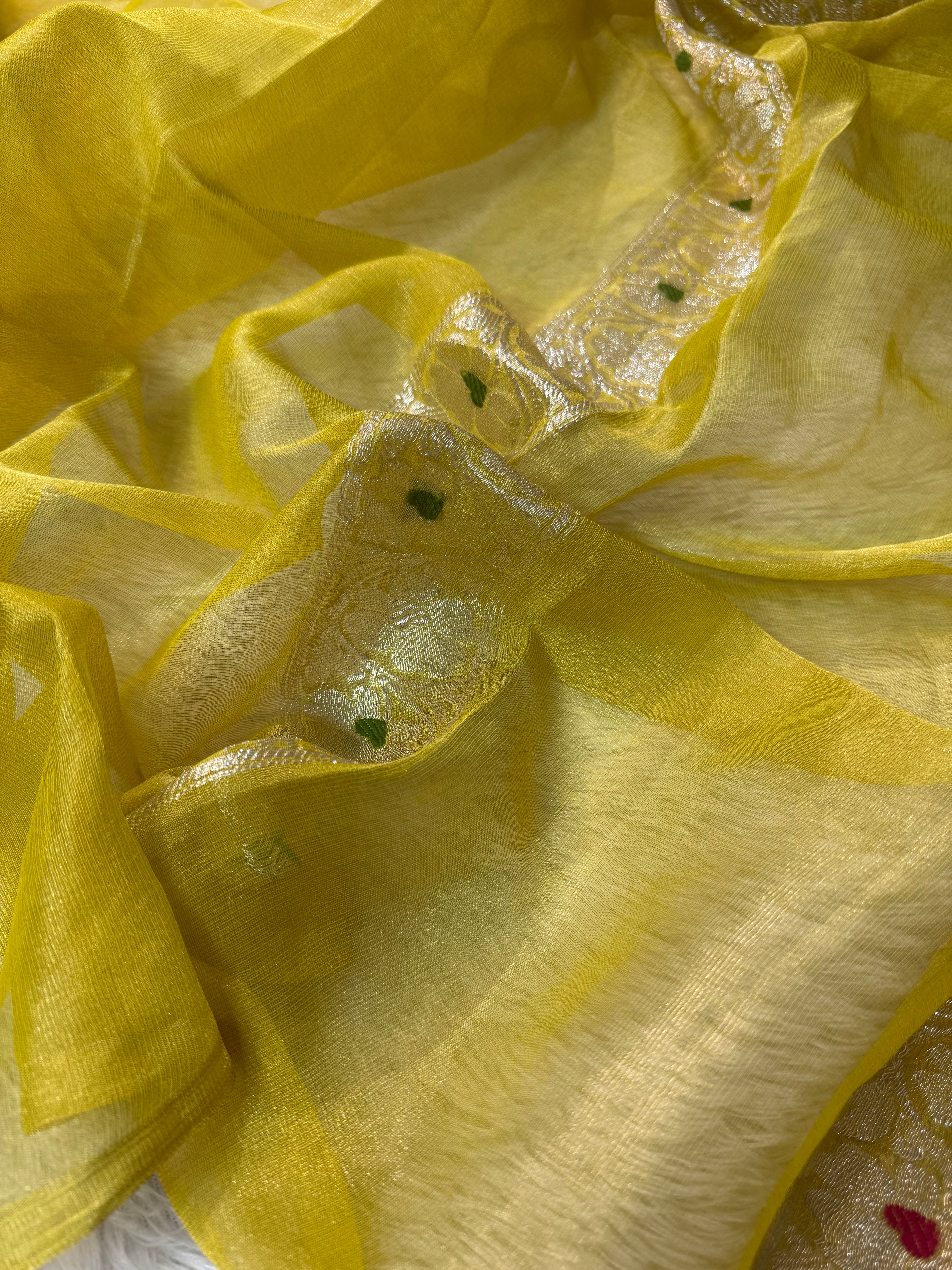 Yellow Pure Khaddi Tissue Chiffon Sona & Roopa Meenakari Banarasi Saree