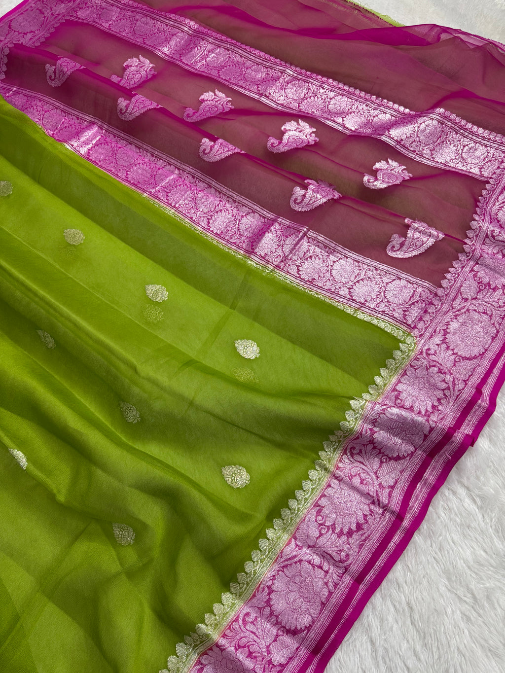Lime Green & Rani Pink Pure Khaddi Chiffon Silk Banarasi Saree