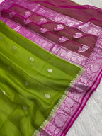 Lime Green & Rani Pink Pure Khaddi Chiffon Silk Banarasi Saree