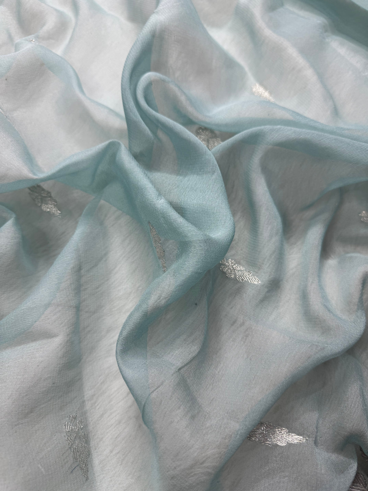 Pastel Ice Blue Pure Khaddi Chiffon Silk Banarasi Saree