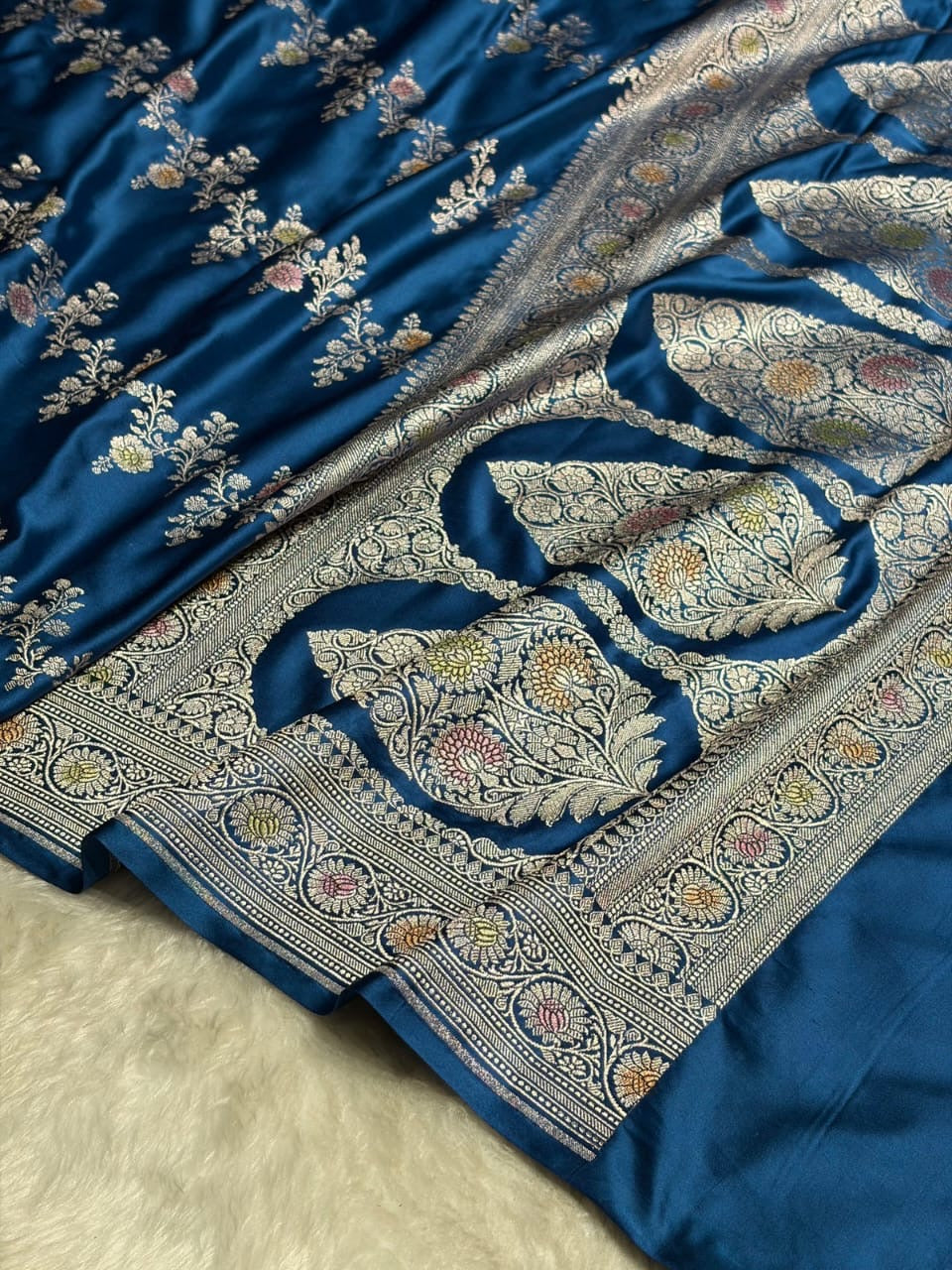 Deep Teal Blue Meenakari Mashru Katan Silk Banarasi Saree