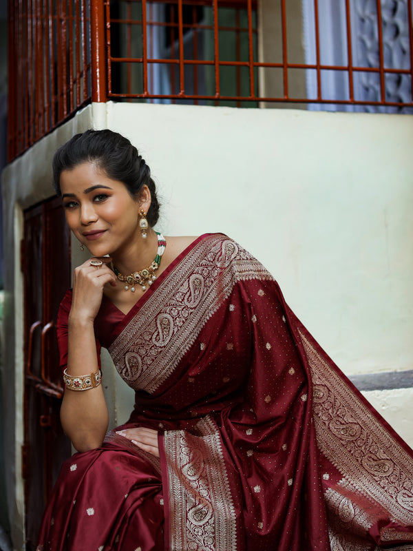 Garnet Wine Swarovski Intricate Stone Work Banarasi Mashru Silk Saree