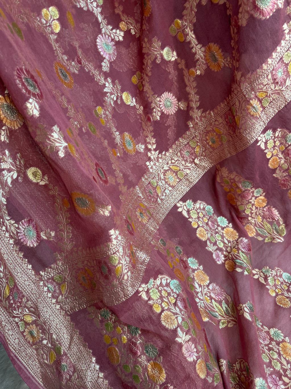Pastels Handbrush Meenakari Pure Khaddi Georgette Silk Banarasi Saree