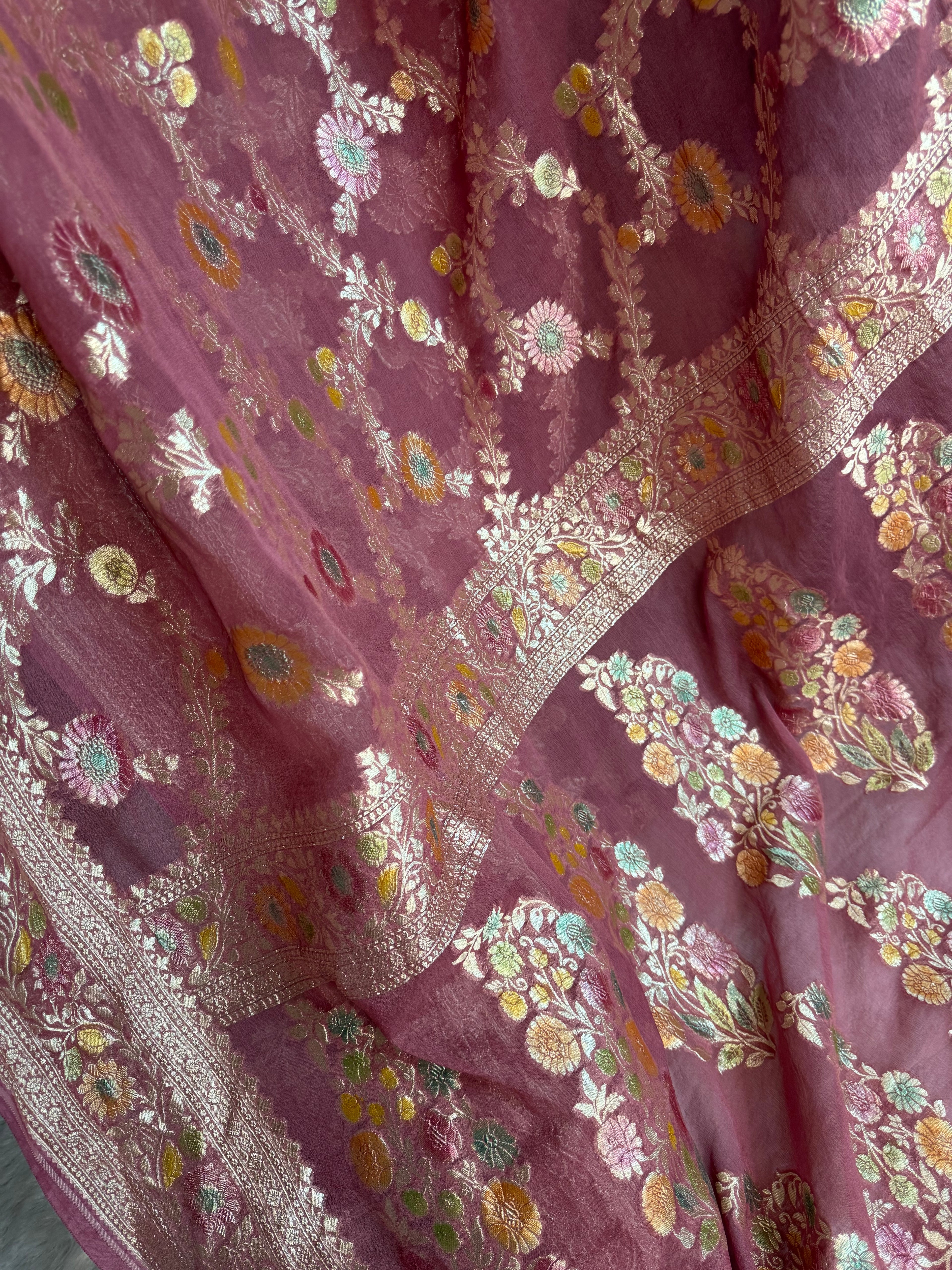 Pastels Handbrush Meenakari Pure Khaddi Georgette Silk Banarasi Saree