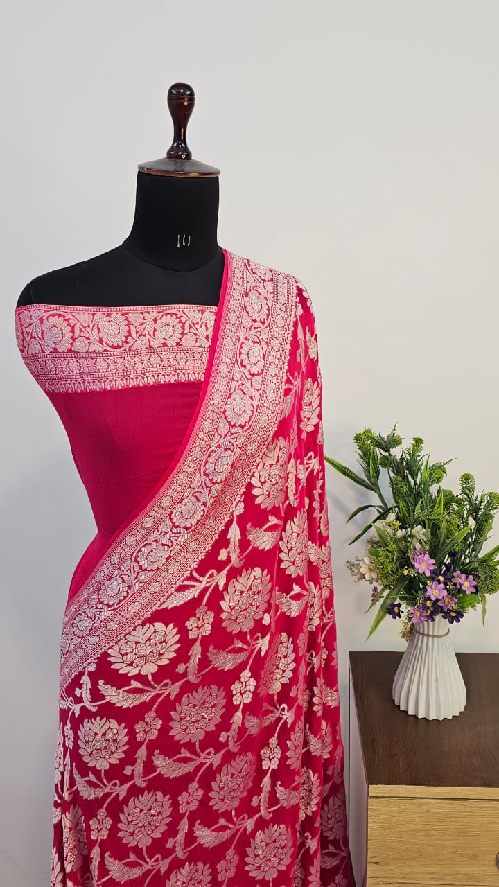 Strawberry Pure Khaddi Georgette Silk Banarasi Saree