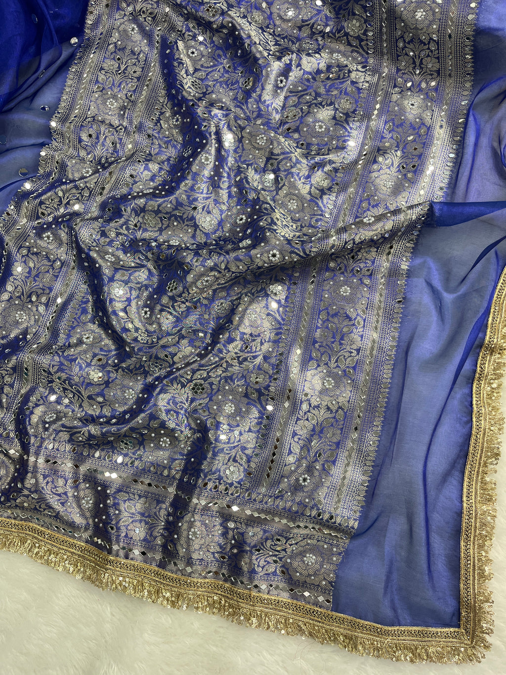 Royal Blue Mirror Work Beautiful lace Border Tissue Silk Banarasi Saree