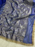 Royal Blue Mirror Work Beautiful lace Border Tissue Silk Banarasi Saree