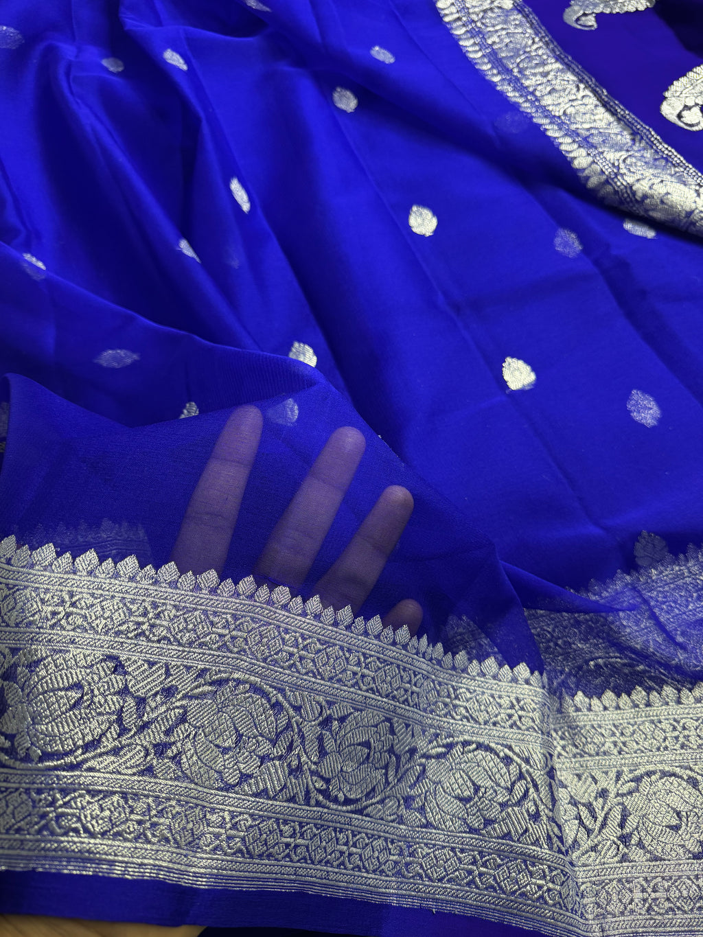 Royal blue Pure khaddi Chiffon Silk Banarasi Border Booti Saree