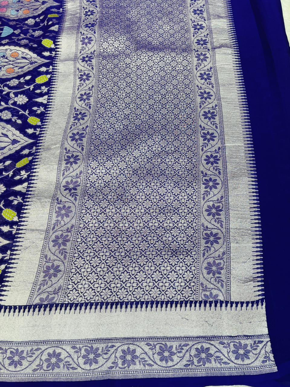 Blue Pure Tusser Georgette With Floral Meenakari Jall Banarasi Saree