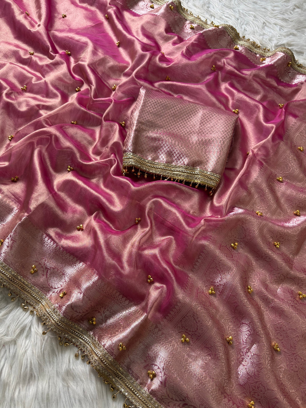 Pink Tissue Silk Saree With Golden Ghungroo Butti Work & Luxury Lace Border