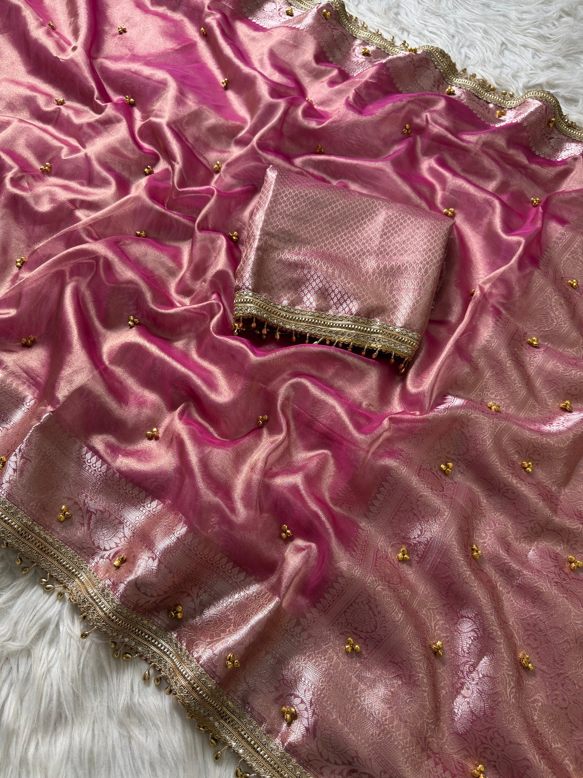 Pink Tissue Silk Saree With Golden Ghungroo Butti Work & Luxury Lace Border