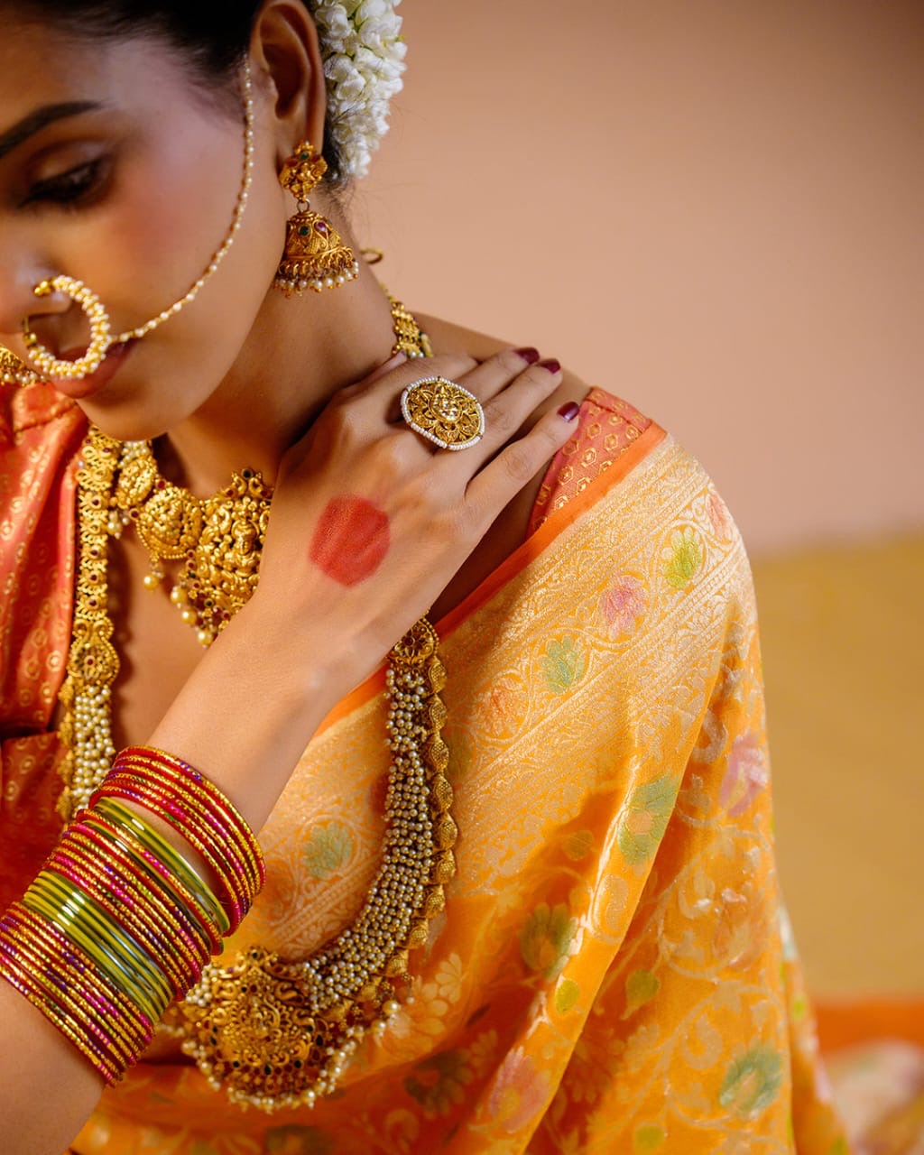 Mustard Orange With Handbrush Pure Khaddi Georgette Silk Banarasi Saree