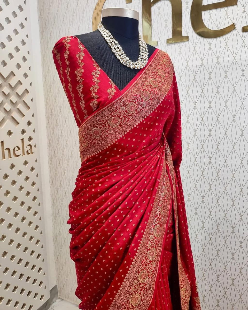 Red Pure Khaddi Crep Silk Banarasi Saree