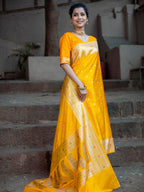Yellow Gold Swarovski Intricate Stone Work Banarasi Mashru Silk Saree