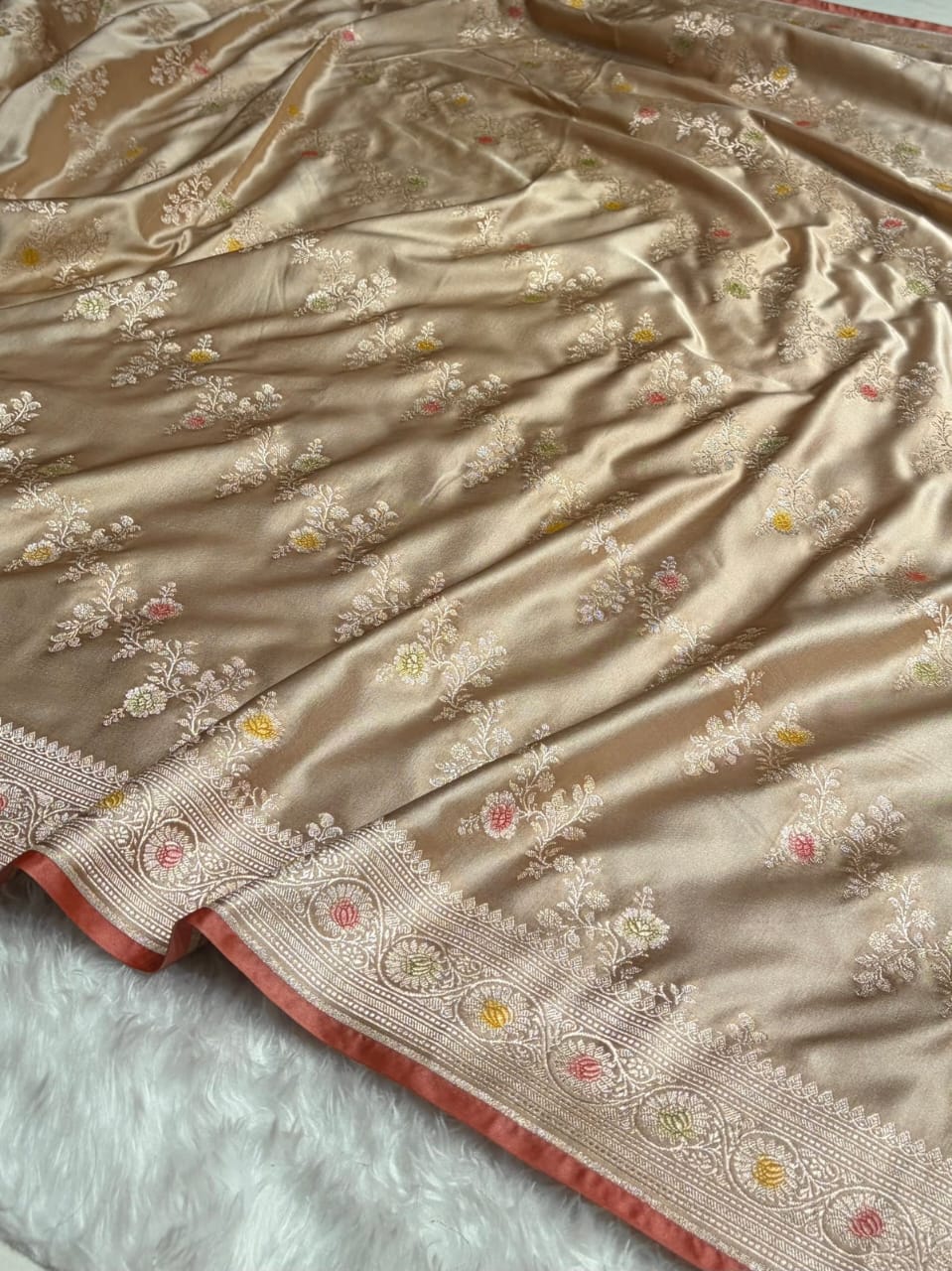 Light Golden Beige Meenakri Mashru Katan Silk Banarasi Saree