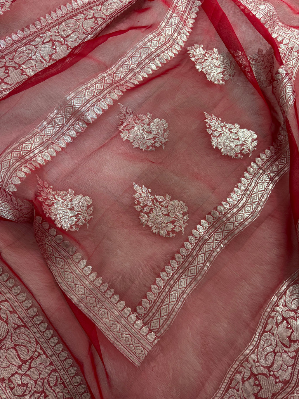 Royal Blue & Red Double Borders Pure Khaddi Chiffon Silk Banarasi Saree
