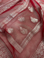 Royal Blue & Red Double Borders Pure Khaddi Chiffon Silk Banarasi Saree