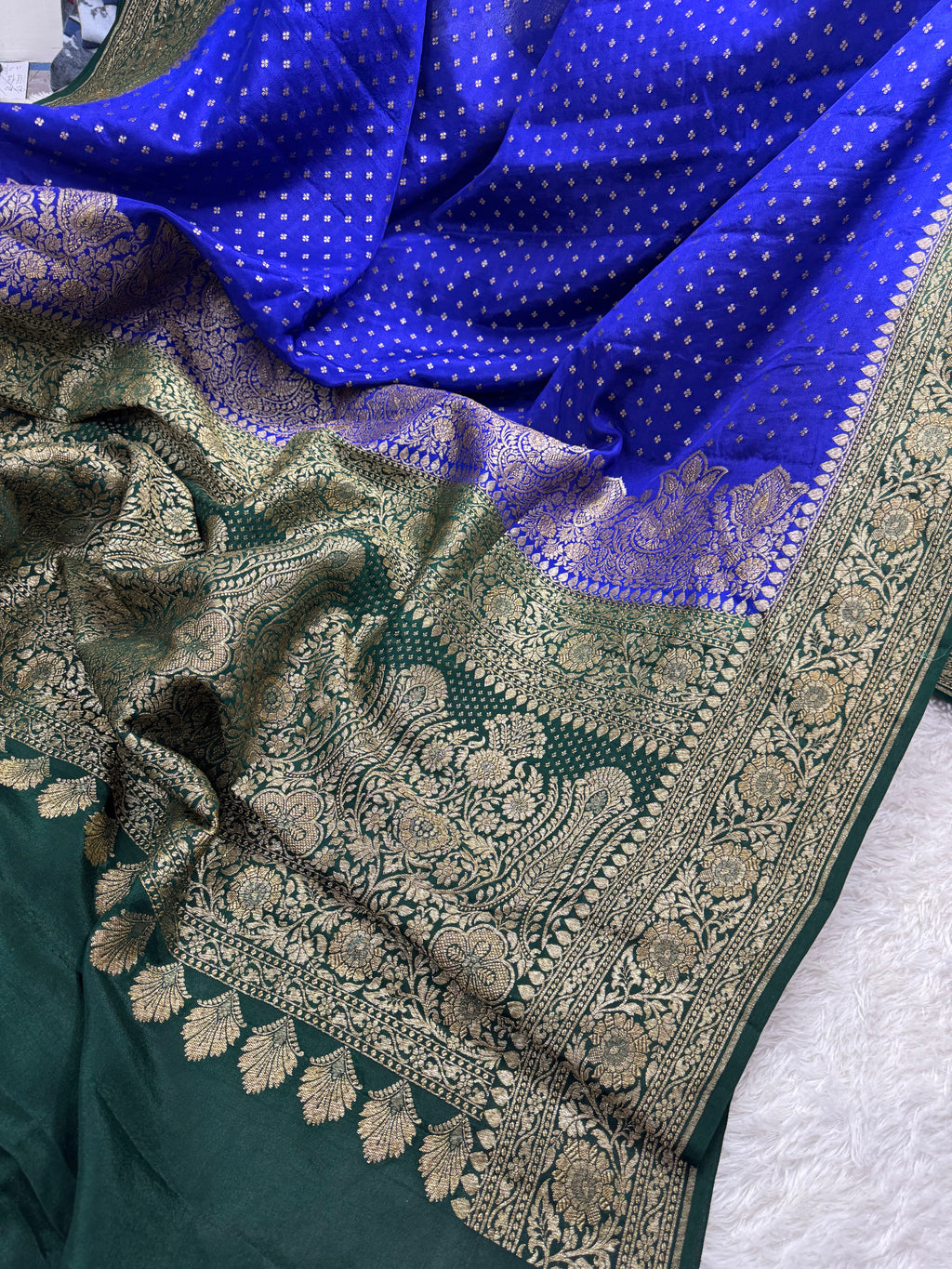 Green & Royal Blue Pure Khaddi Crep Silk Banarasi Saree