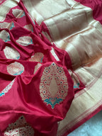 Red Pure katan Zari Border Aanchal Mina Boota Saree