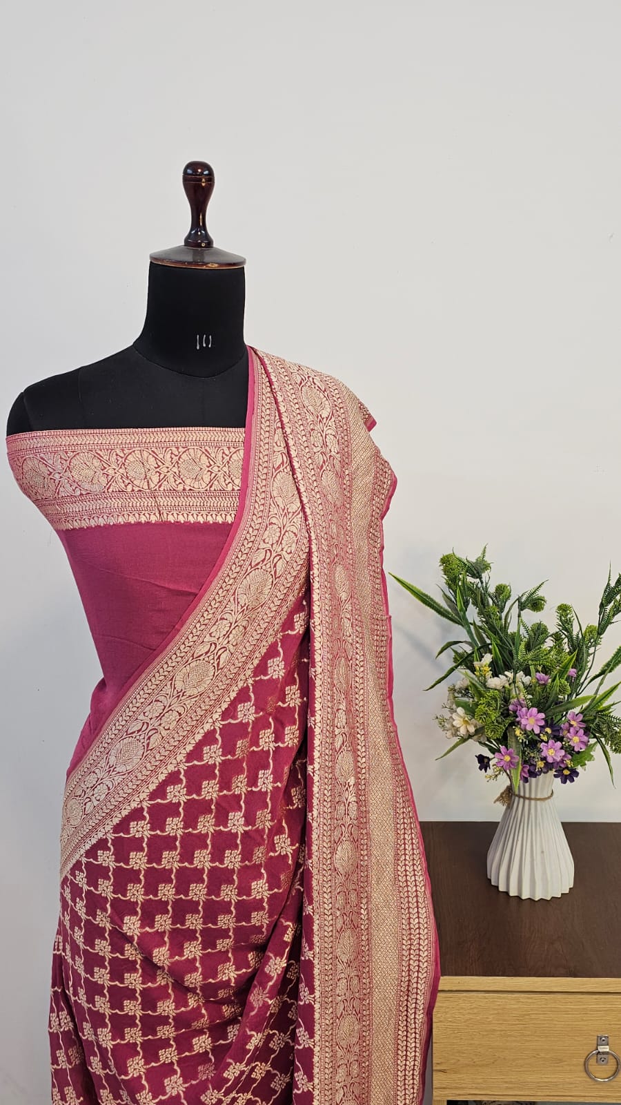 Deep Magenta Pure Khaddi Georgette Silk Banarasi Saree