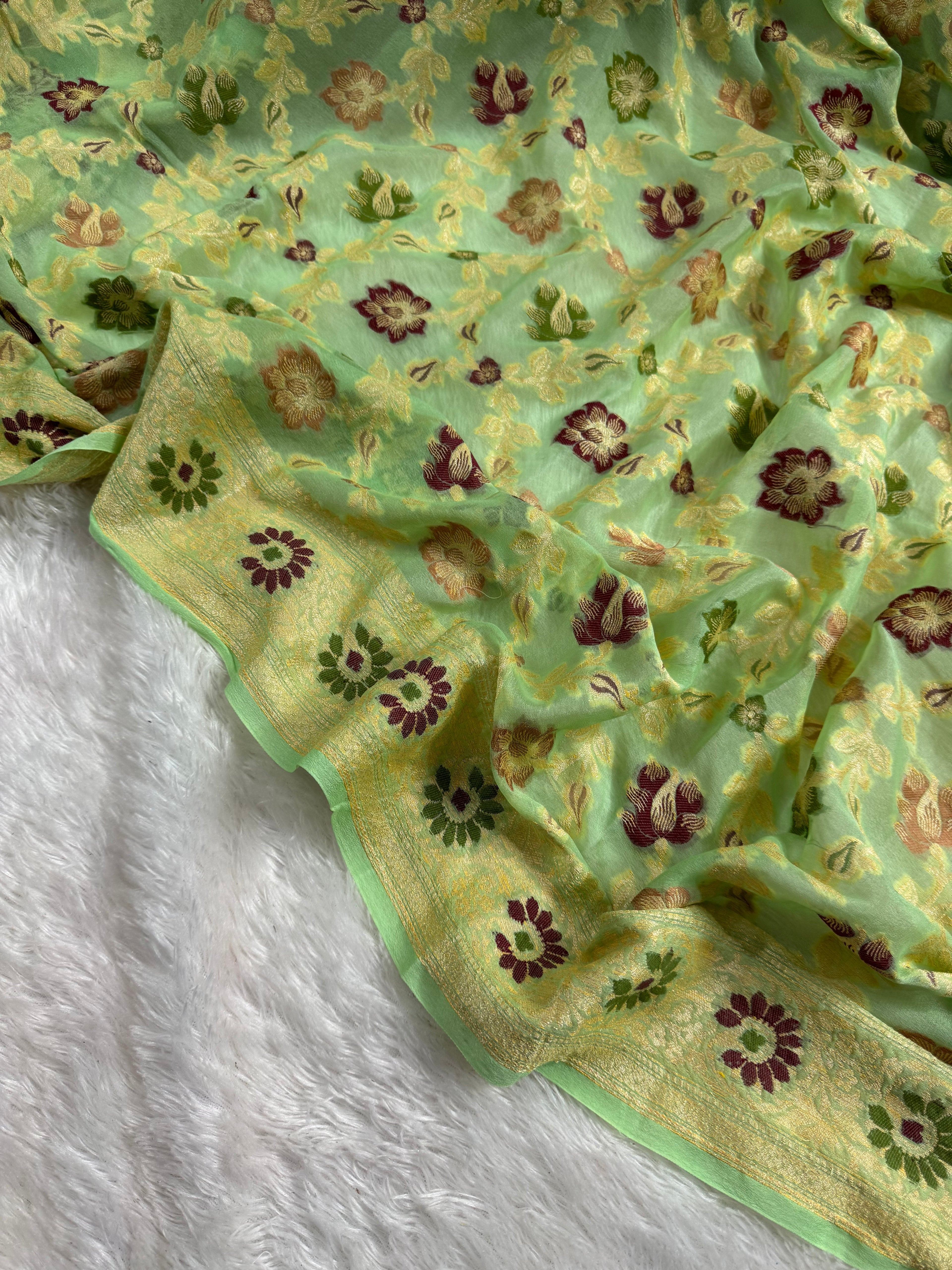 Pista Green Pure Chiffon Silk Banarasi Saree