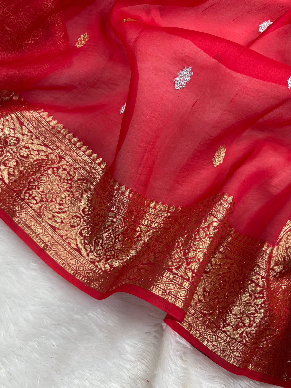 Red Sona & Roopa Pure Kora Organza Silk Banarasi Saree