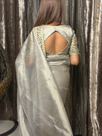 Moonlight Grey Banarasi Rajkumari Mirror Work Tissue Silk Saree