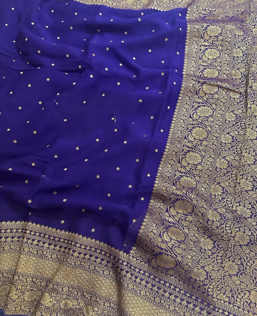 Royal Blue Pure Khaddi Georgette Silk Banarasi Border Dana Saree