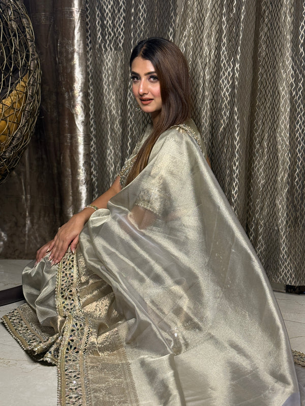 Moonlight Grey Banarasi Rajkumari Mirror Work Tissue Silk Saree