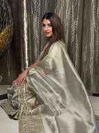 Moonlight Grey Banarasi Rajkumari Mirror Work Tissue Silk Saree