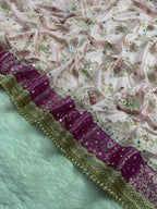 Baby Pink & Rani Pink Katan Silk Pearl & Mirror Work Banarasi Saree With Designer Lace