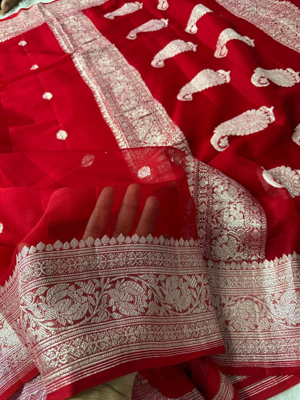 Red Pure Khaddi Chiffon Silk Banarasi Saree
