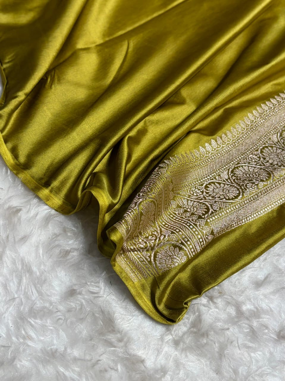 Olive Green Meenakari Mashru Katan Silk Banarasi Saree