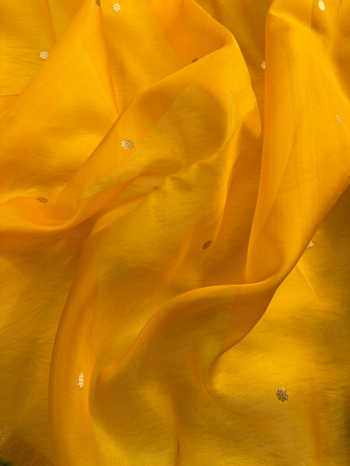 Mustard Yellow & Bottle Green Pure Kora Organza Silk Banarasi Saree