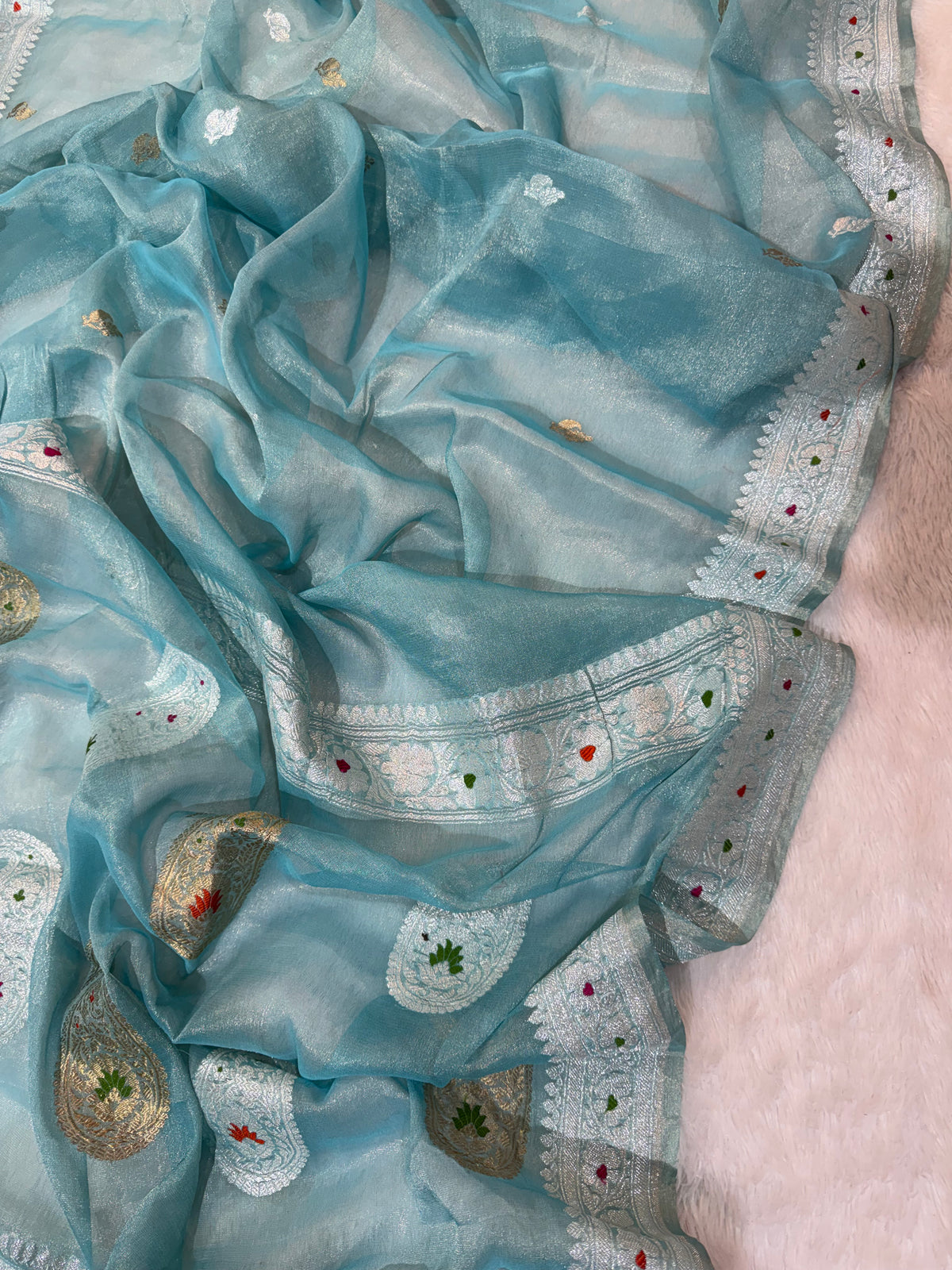 Sky Blue Pure Khaddi Tissue Chiffon Sona & Roopa Meenakari Banarasi Saree