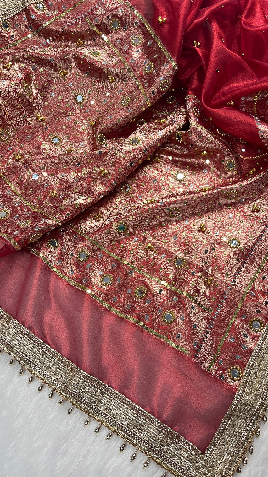 Red Tissue Silk Saree With Ghungroo & Mirror Work Designer Border Lace Saree