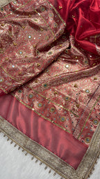 Red Tissue Silk Saree With Ghungroo & Mirror Work Designer Border Lace Saree