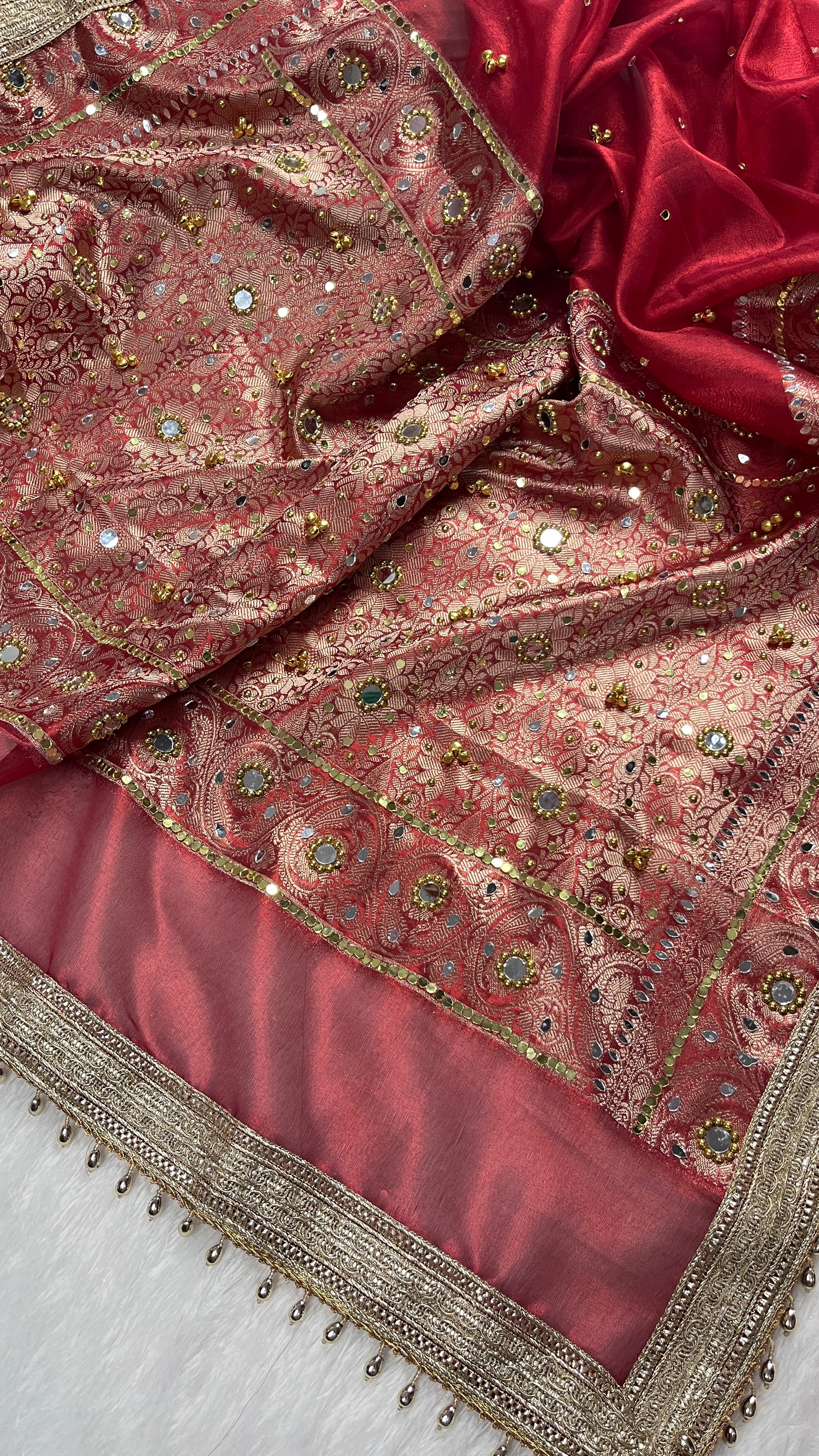 Red Tissue Silk Saree With Ghungroo & Mirror Work Designer Border Lace Saree