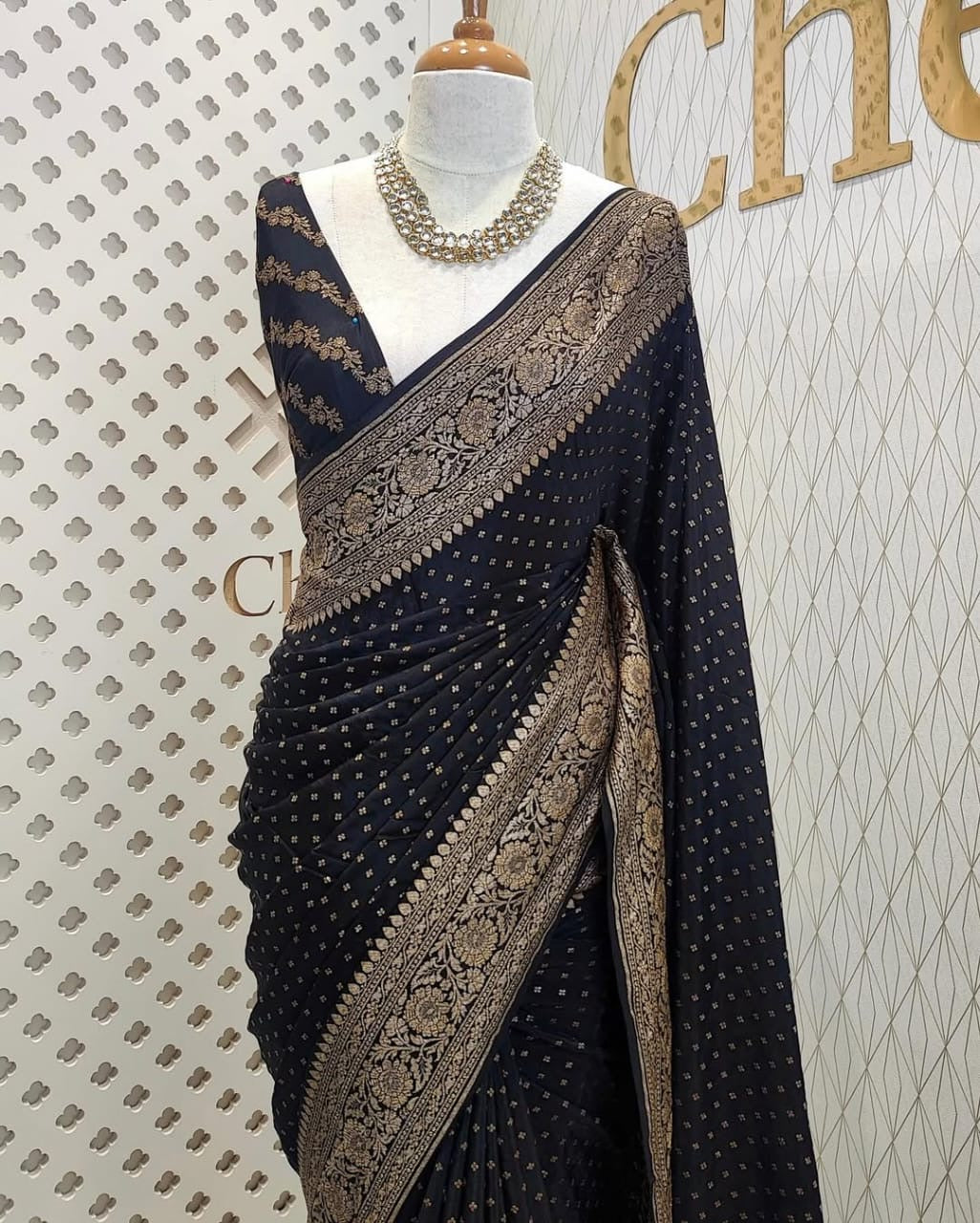 Black Pure Khaddi Crep Silk Banarasi Saree
