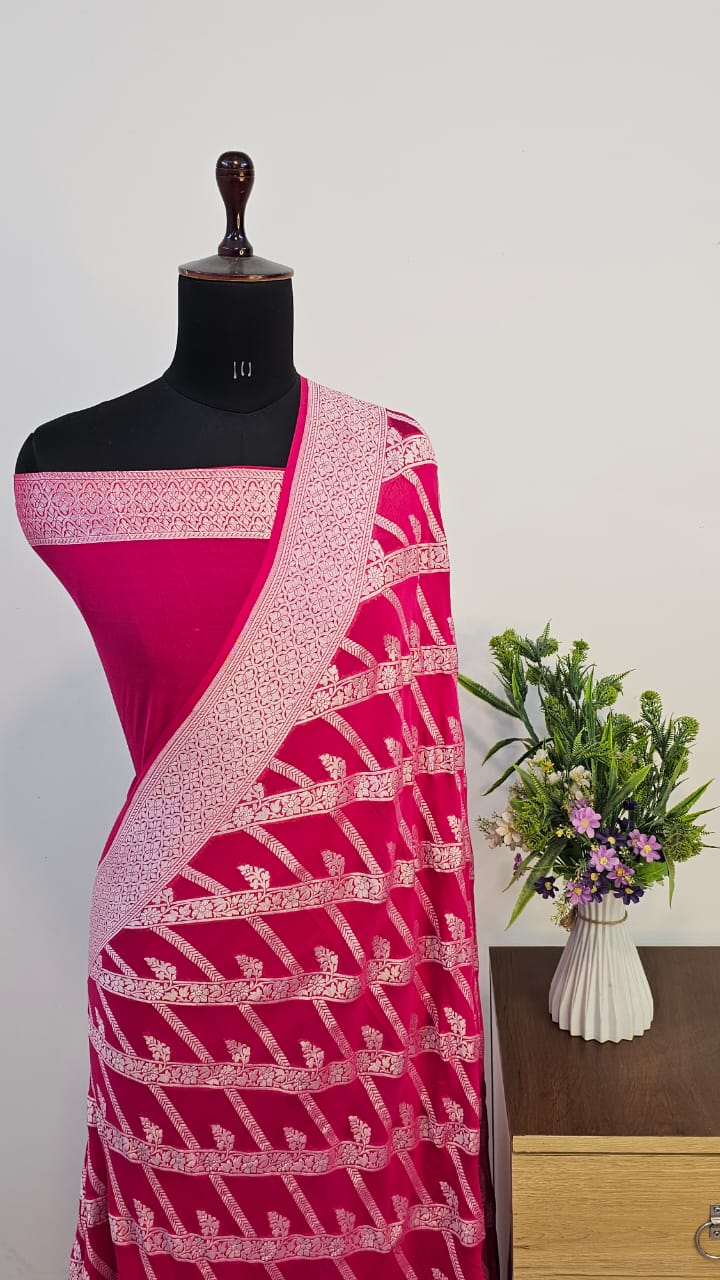 Strawberry Pure Khaddi Georgette Silk Banarasi Saree