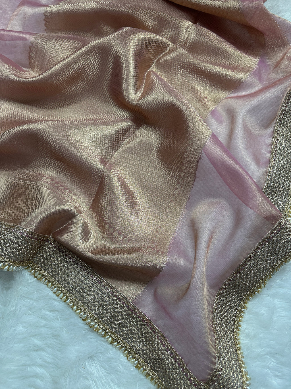 Blush Pink Beautiful Lace Border Tissue Silk Banarasi Saree