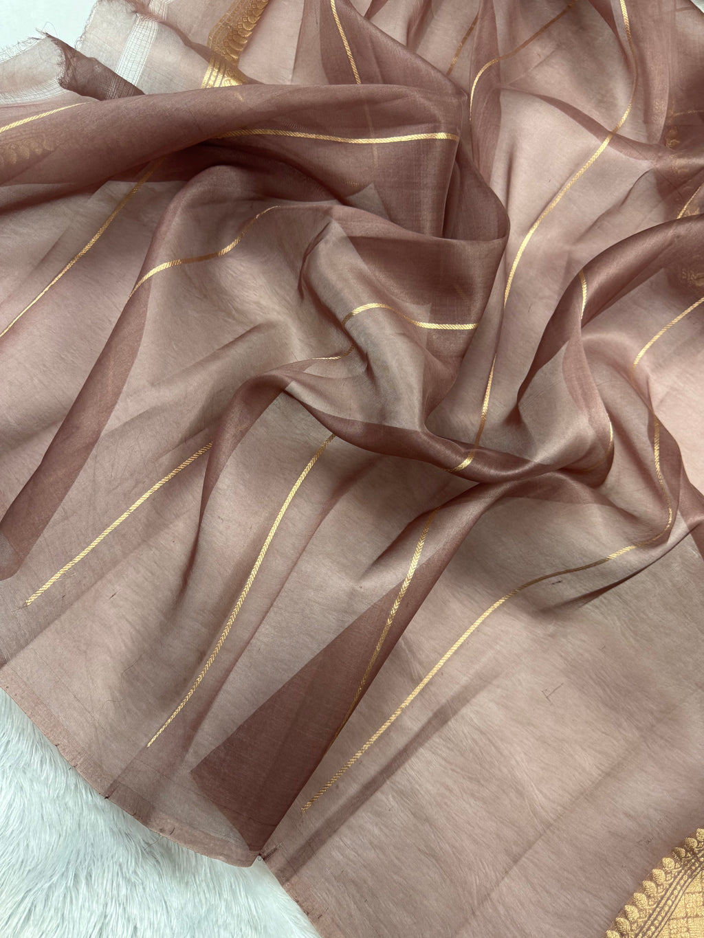 Brown Pure Kora Organza Silk Banarasi Saree