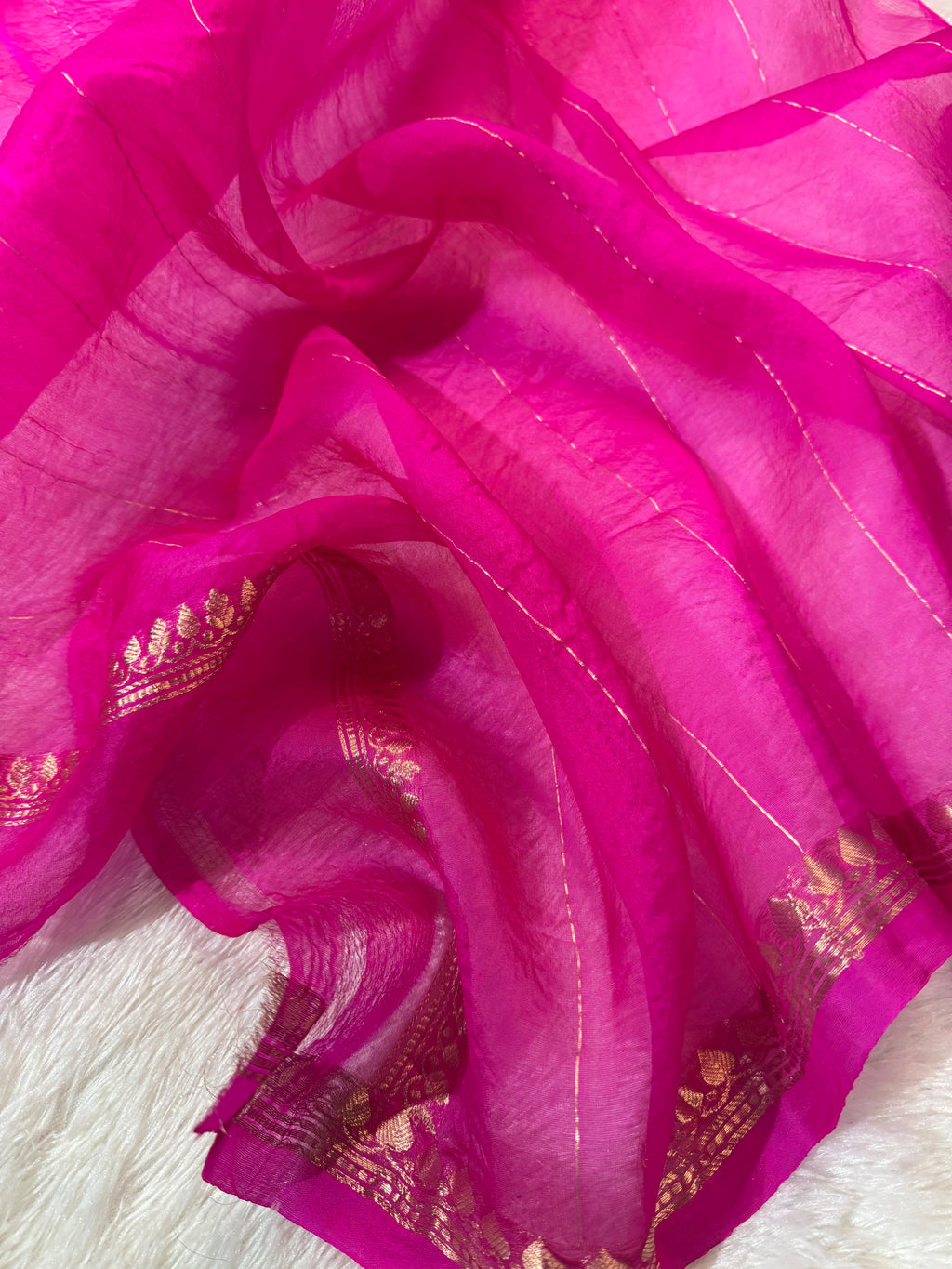 Orange & Rani Pink Pure Kora Organza Silk Banarasi Saree