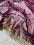 Magenta Tissue Silk Saree With Golden Ghungroo Butti Work & Luxury Lace Border