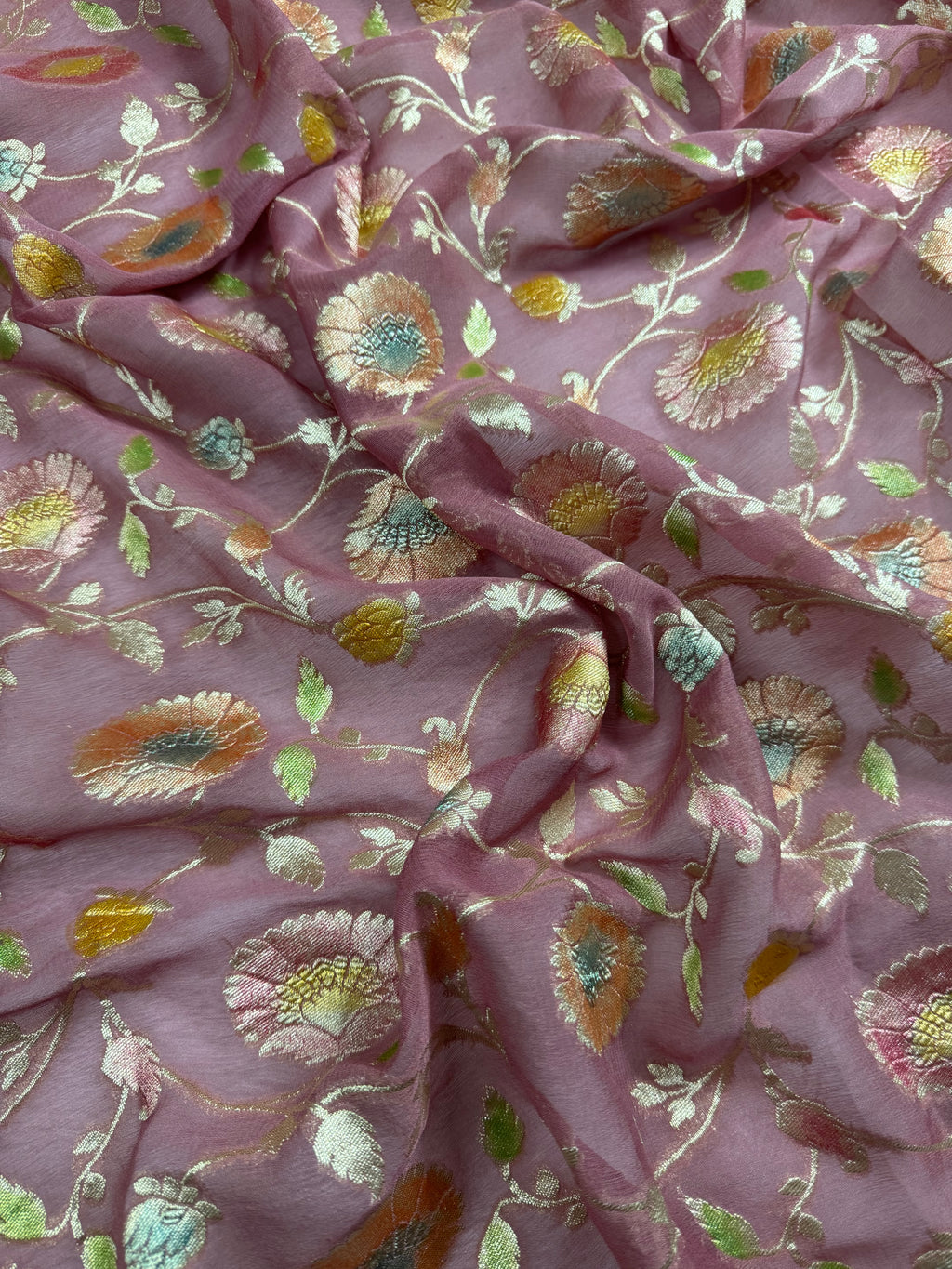 Tea Rose Handbrush Meenakari Pure Khaddi Georgette Silk Banarasi Saree