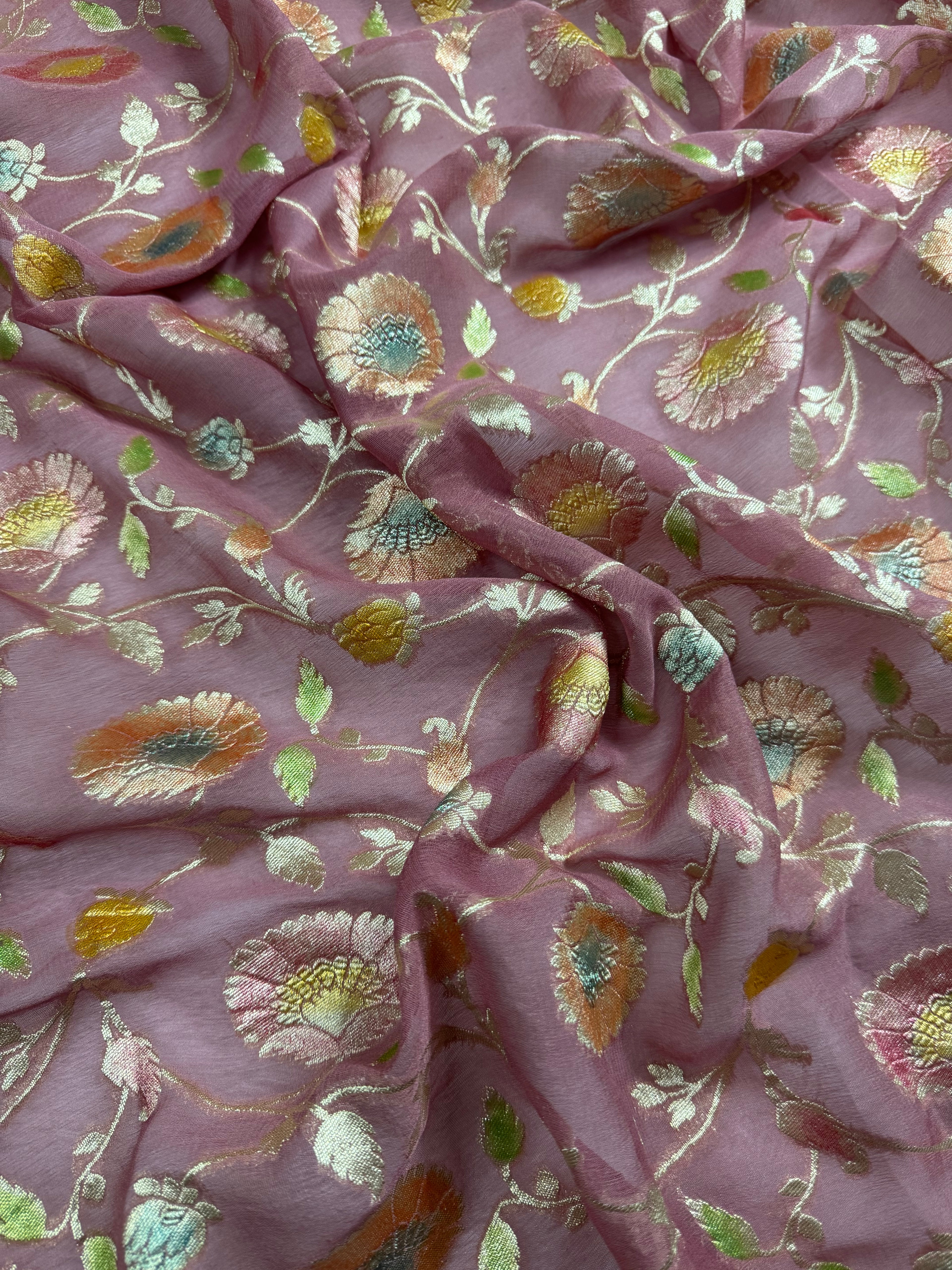 Tea Rose Handbrush Meenakari Pure Khaddi Georgette Silk Banarasi Saree