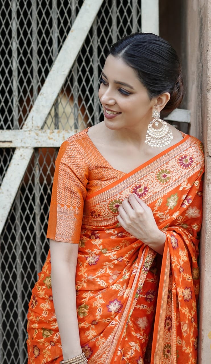 Fanta Orange Pure Khaddi Chiffon Silk Banarasi Saree