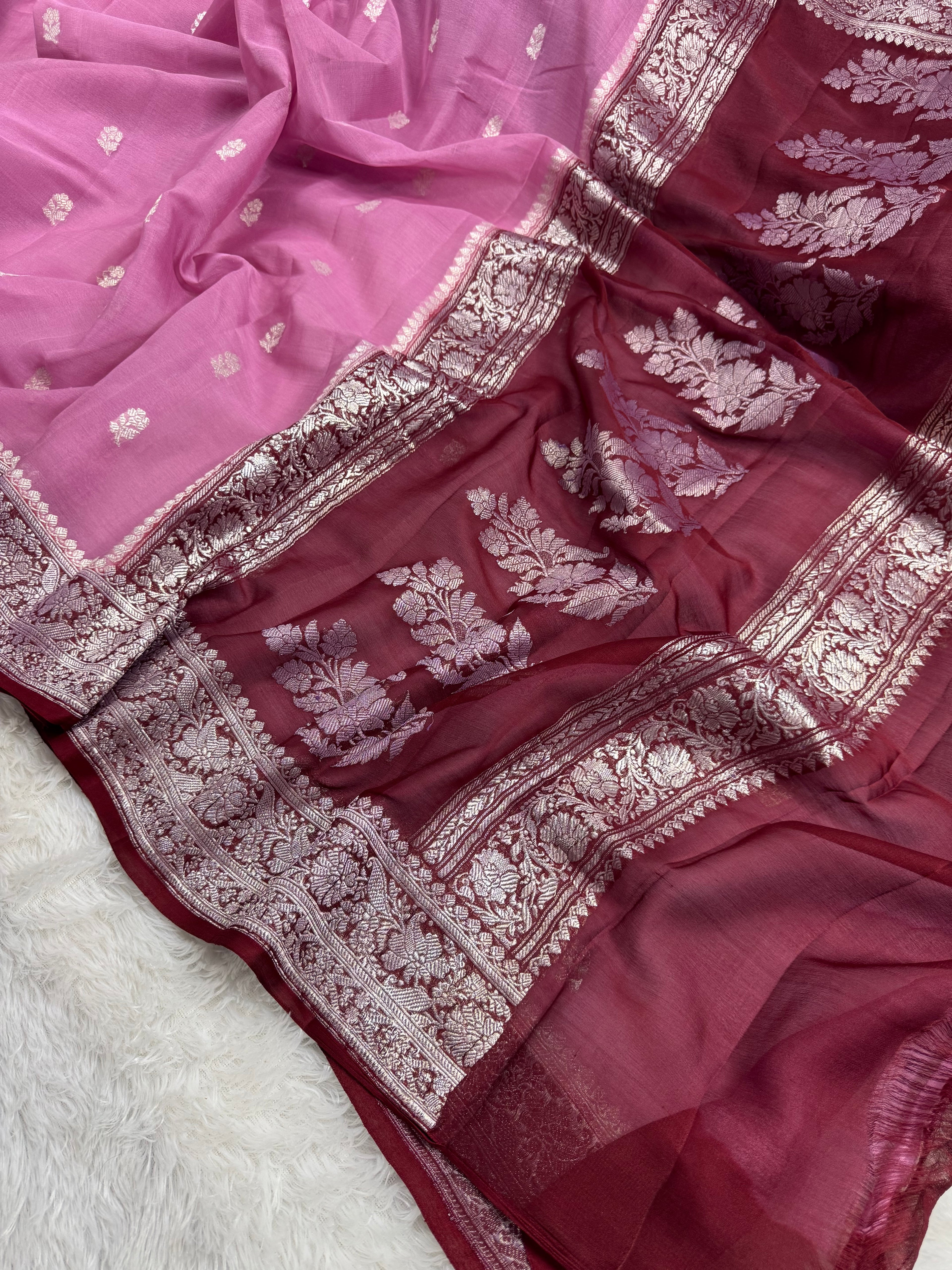Dusty Rose Pink & Wine Pure Khaddi Chiffon Silk Banarasi Saree